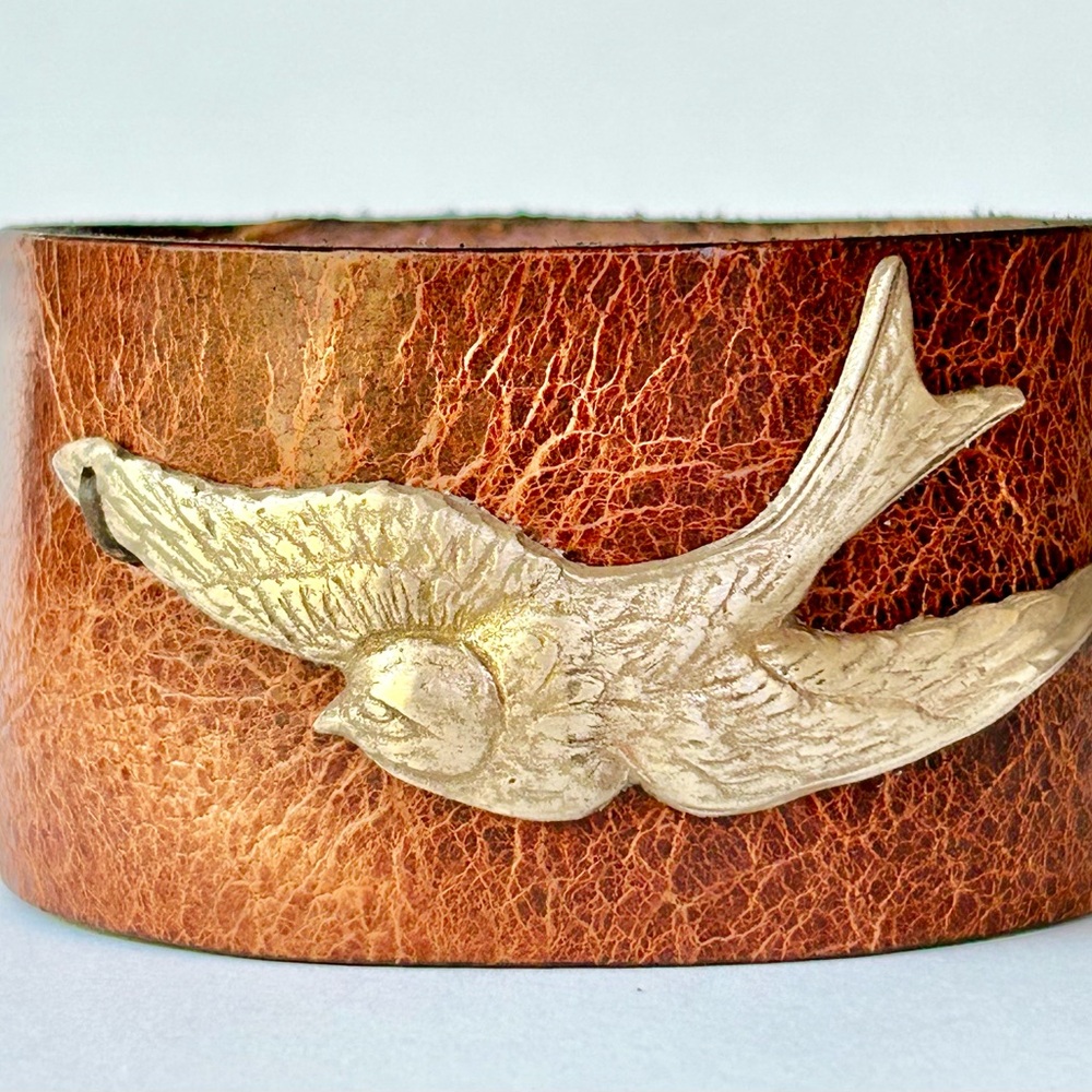 ***SOLD*** Handcrafted Bronze Swallow Leather Cuff Bracelet - Picture 1 of 4